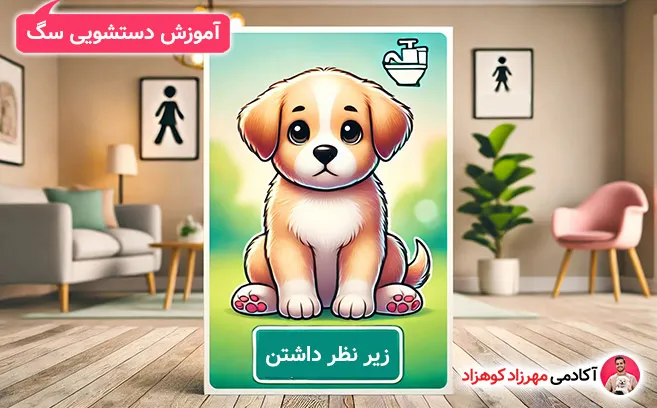توله سگ نشسته در قاب با آیکون دستشویی